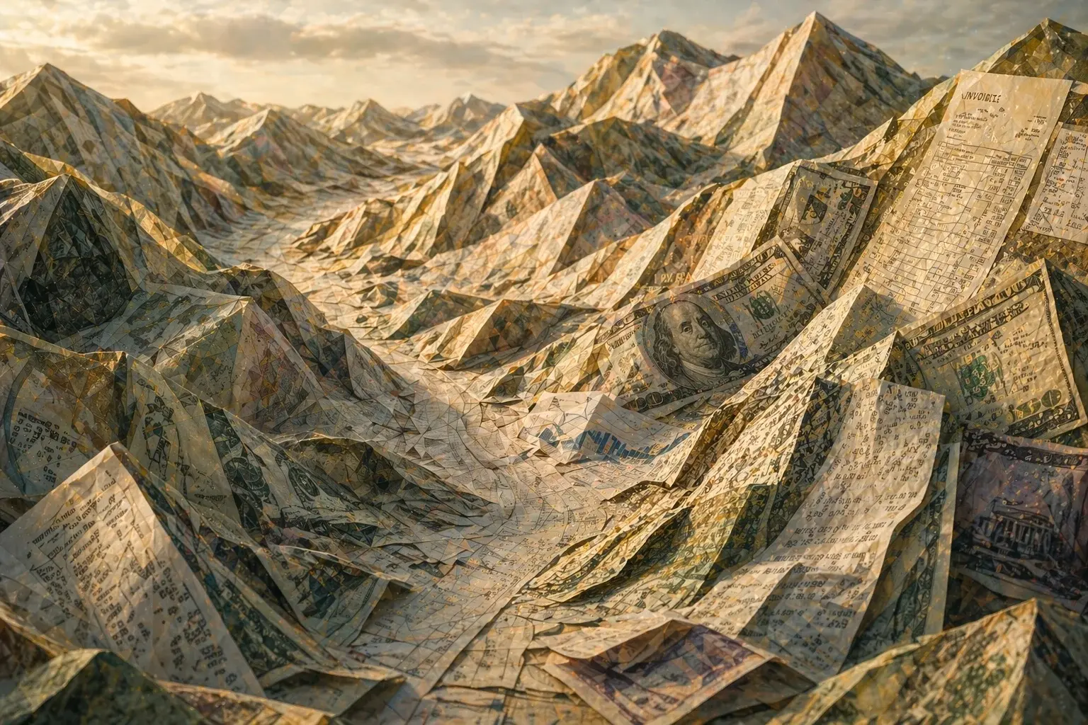 Mountain landscape made of folded dollar bills and invoices, representing measurable enterprise AI ROI across business functions