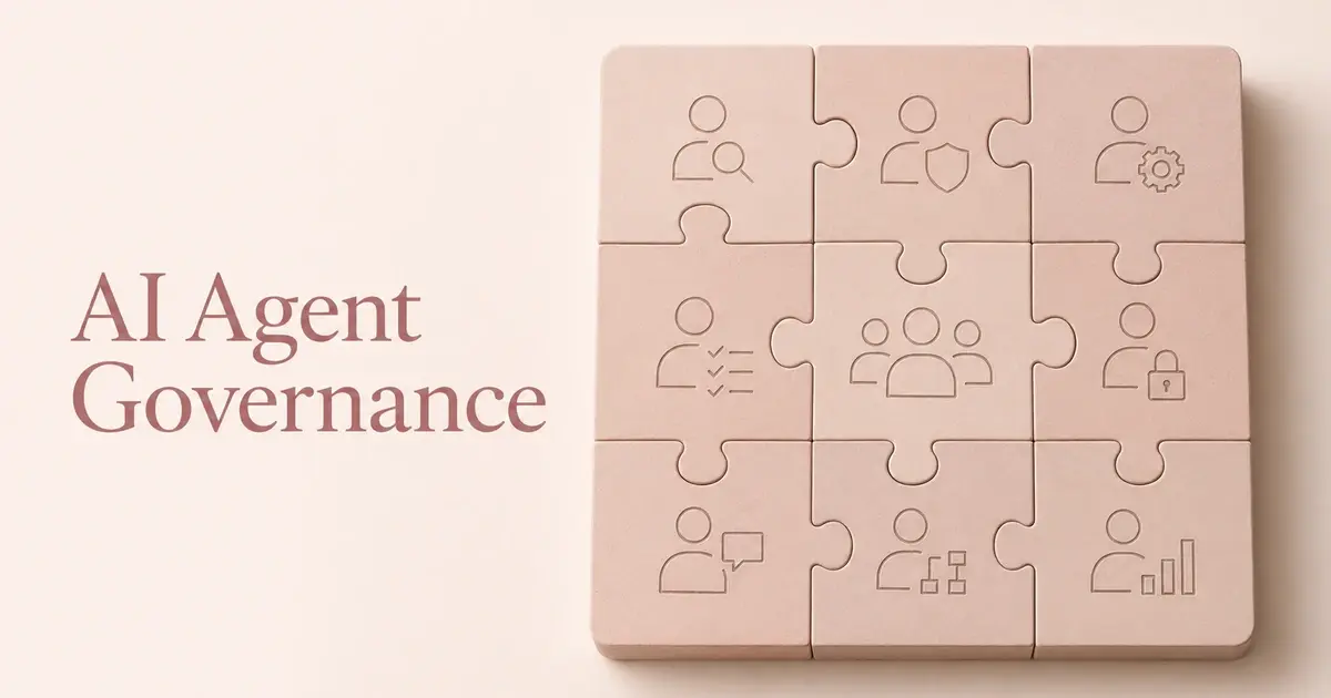 Pastel interlocking puzzle pieces with engraved symbols representing agent permissions, security, approval, collaboration, and oversight. 
