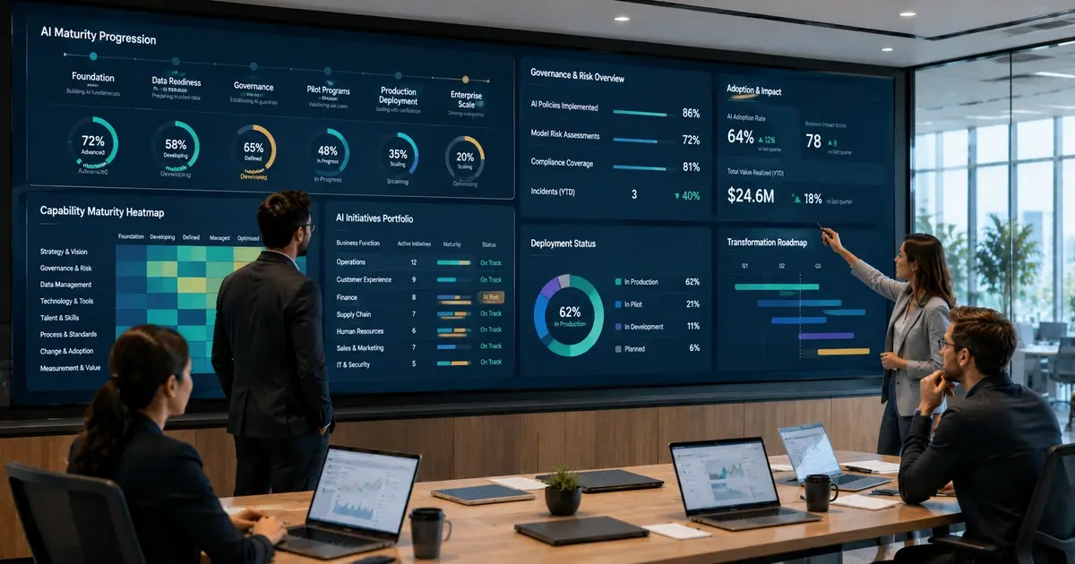 A modern enterprise command center where a team reviews a large AI maturity and governance display featuring capability heatmaps, deployment status, adoption metrics, transformation roadmaps, and business-unit initiatives across an organization’s AI program. 