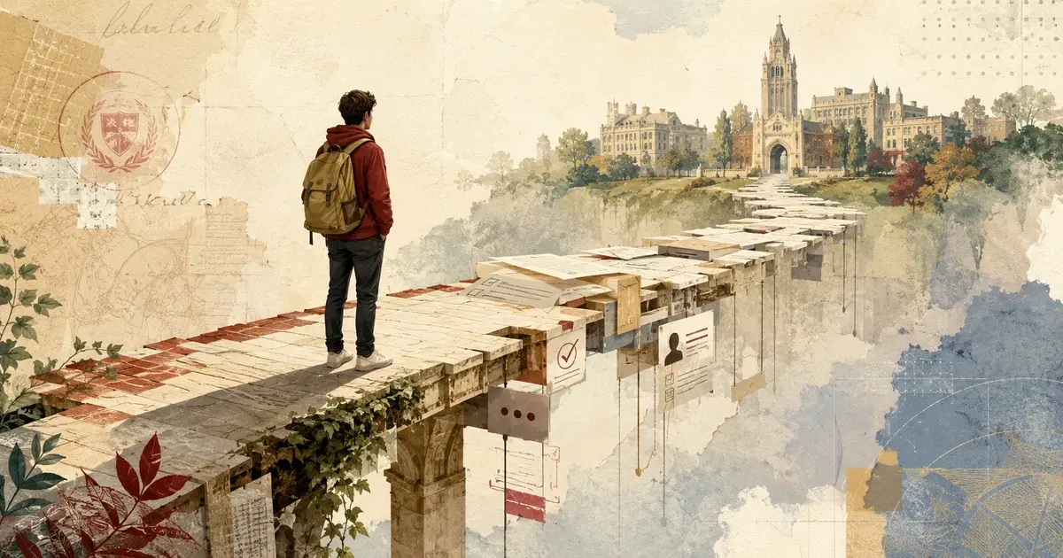 Editorial illustration of a student standing on a half-finished bridge made of forms, portal panels, and fragmented pathways leading toward a distant university campus, symbolizing how admissions, support, and student-facing systems shape enrollment confidence. 