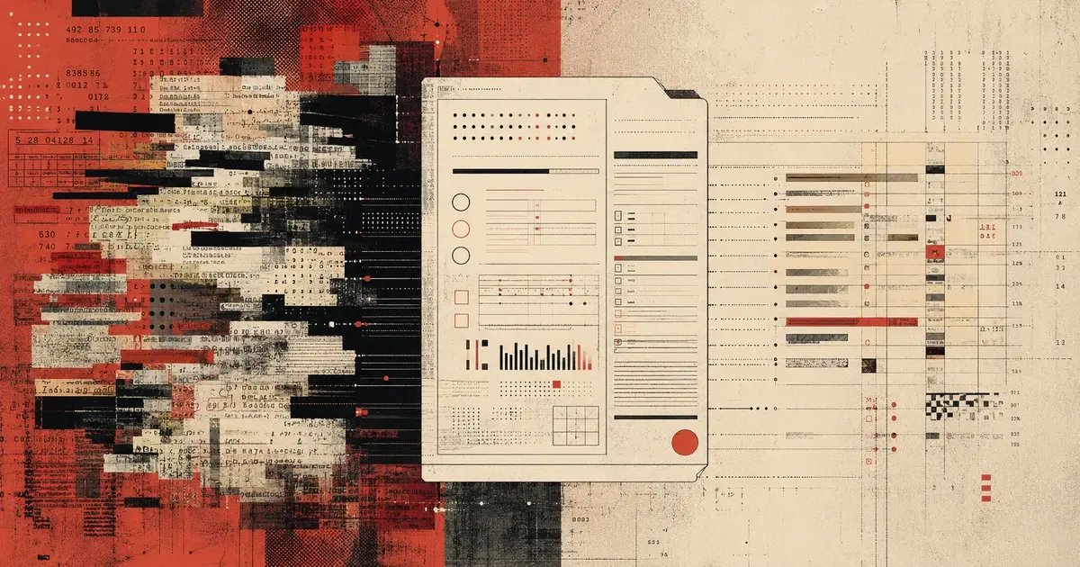 Editorial collage of fragmented underwriting forms, numbers, tables, and data fields converging into a central dossier, illustrating AI underwriting in P&C insurance and the data-readiness challenges involved in moving from pilot use to scaled deployment.