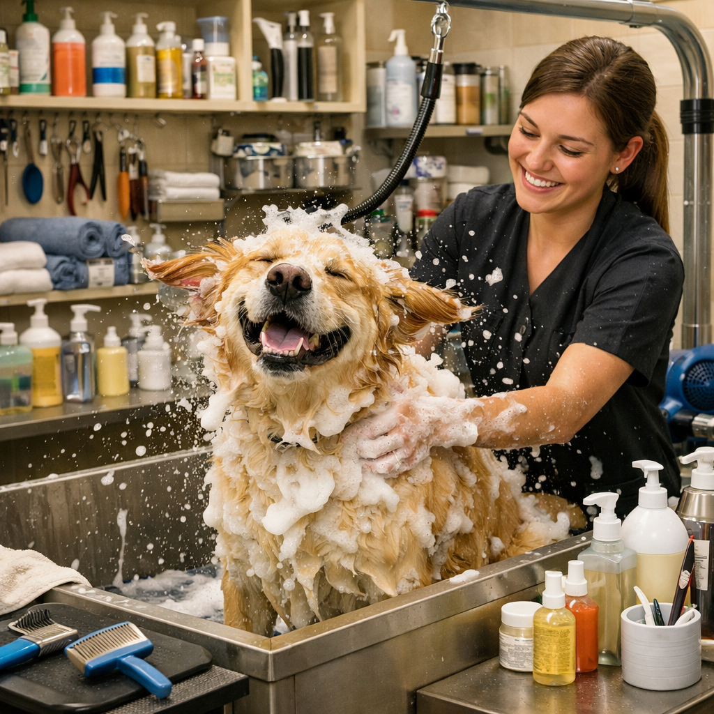 A happy golden retriever dog gets a bubble bath from a smiling dog groomer in a room filled with special pet grooming supplies.