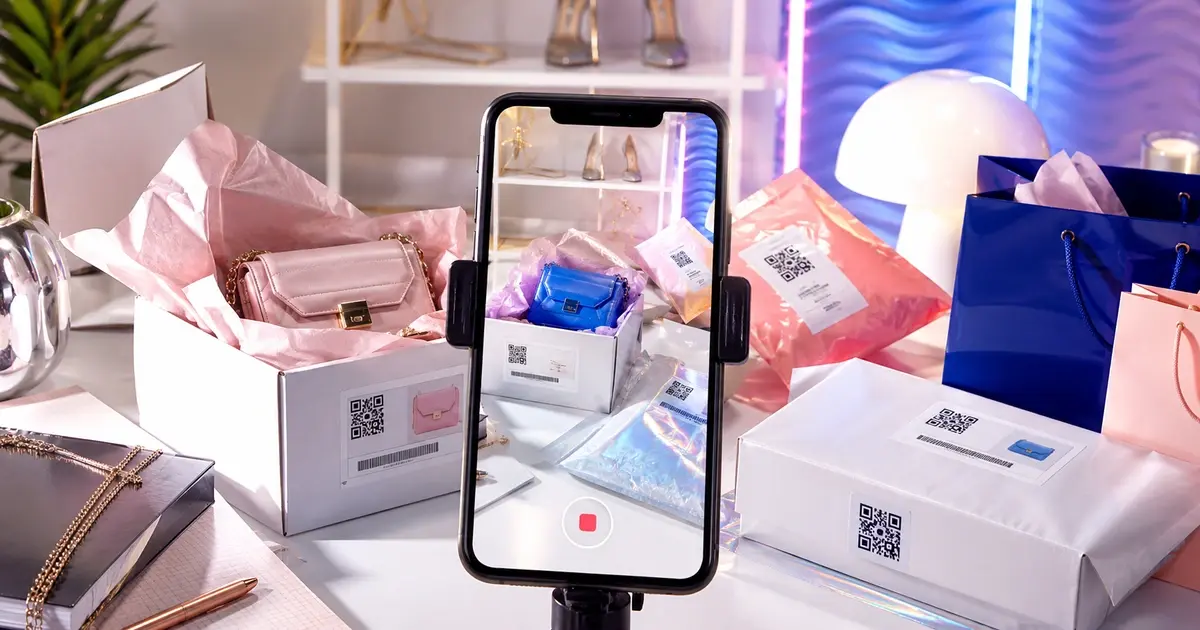 Bright glossy magazine-style image showing a smartphone filming a modern unboxing scene with ecommerce parcels, shopping bags, tissue paper, and luxury accessories, hinting at AI-driven returns fraud through subtle visual mismatches between the real setup and the phone screen. 