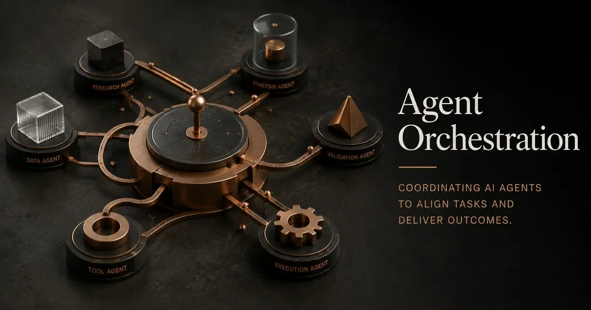 Conceptual hero image representing agent orchestration with a central coordination hub directing multiple specialized AI agents through interconnected pathways, symbolizing enterprise task routing, execution control, dependency management, and intelligent coordination across complex multi-agent systems. 