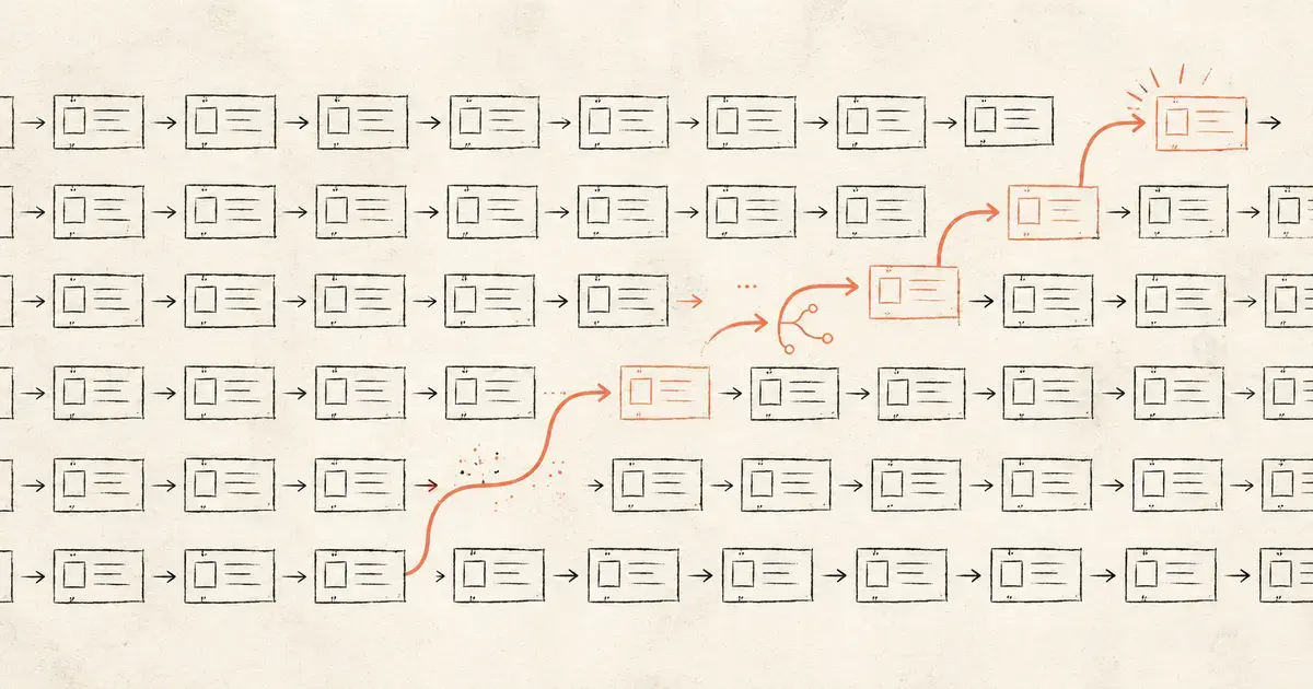 Hand-drawn workflow cards arranged in a repeated grid, with one orange path breaking away to show how agentic AI differs from traditional automation.