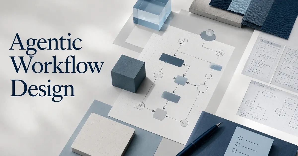 Agentic workflow design visualized through a light editorial workspace with blue process diagrams, modular blocks, wireframes, and planning materials, representing structured enterprise AI workflow design, decision paths, human review, and operational governance