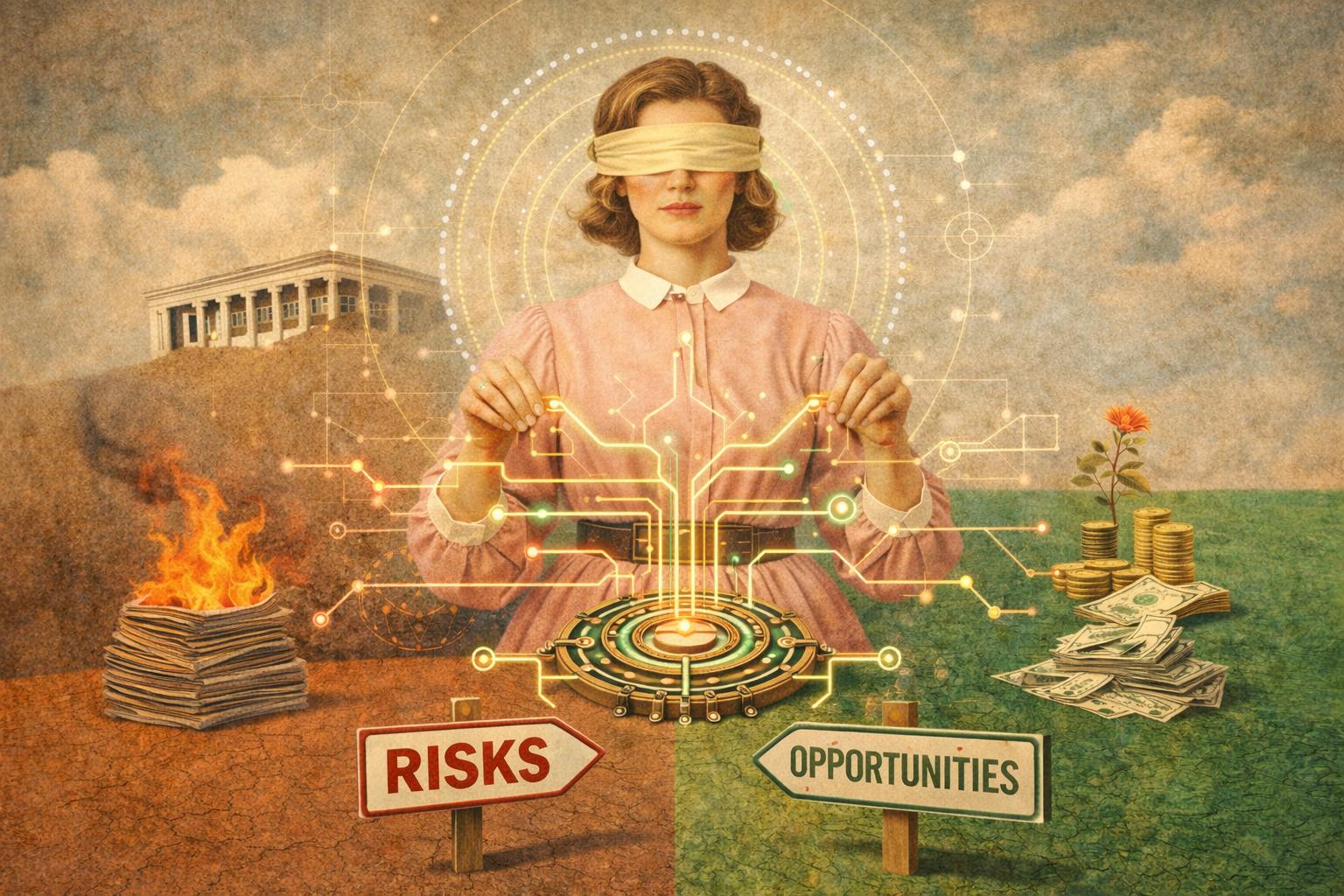Blindfolded figure controlling autonomous AI circuits at a crossroads between risks and opportunities