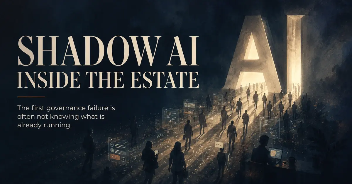 “Shadow AI Inside the Estate” appears beside a glowing AI doorway, hidden figures, interface panels, and data traces, symbolizing incomplete AI inventory and unregistered enterprise AI systems. 
