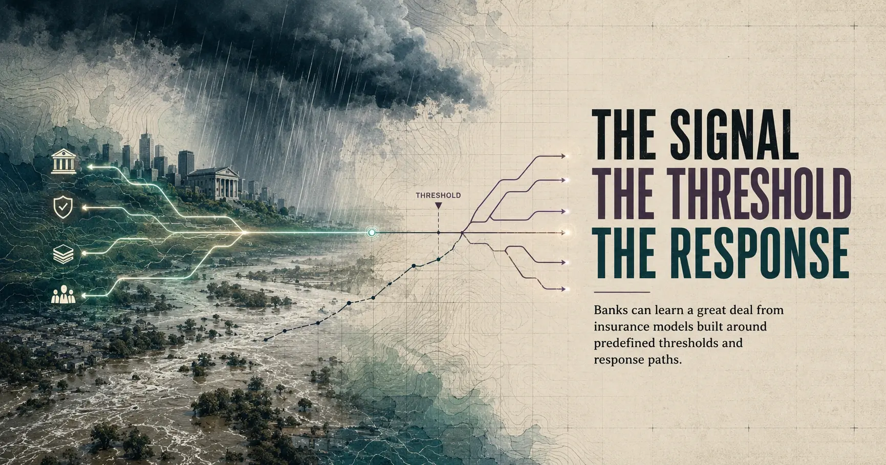 Editorial-style illustration showing a flooded urban landscape under heavy storm clouds, with glowing signal lines moving from banks and operational icons toward a marked threshold, then splitting into response pathways. Large headline text reads “The Signal / The Threshold / The Response,” highlighting how predefined triggers and trusted signals can guide faster institutional action.