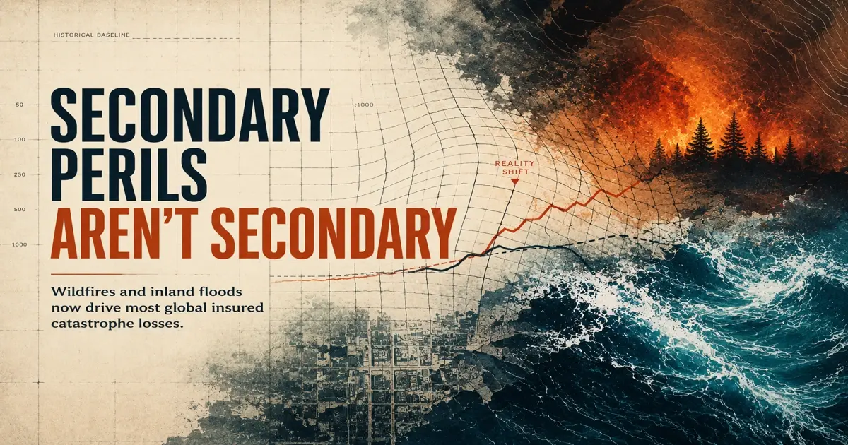 Editorial-style climate risk illustration with the headline “Secondary Perils Aren’t Secondary.” A warped actuarial grid bends into wildfire smoke and crashing floodwaters as statistical lines and catastrophe-modeling curves distort across the image, symbolizing how climate volatility is reshaping insurance risk assumptions and financial forecasting systems. 