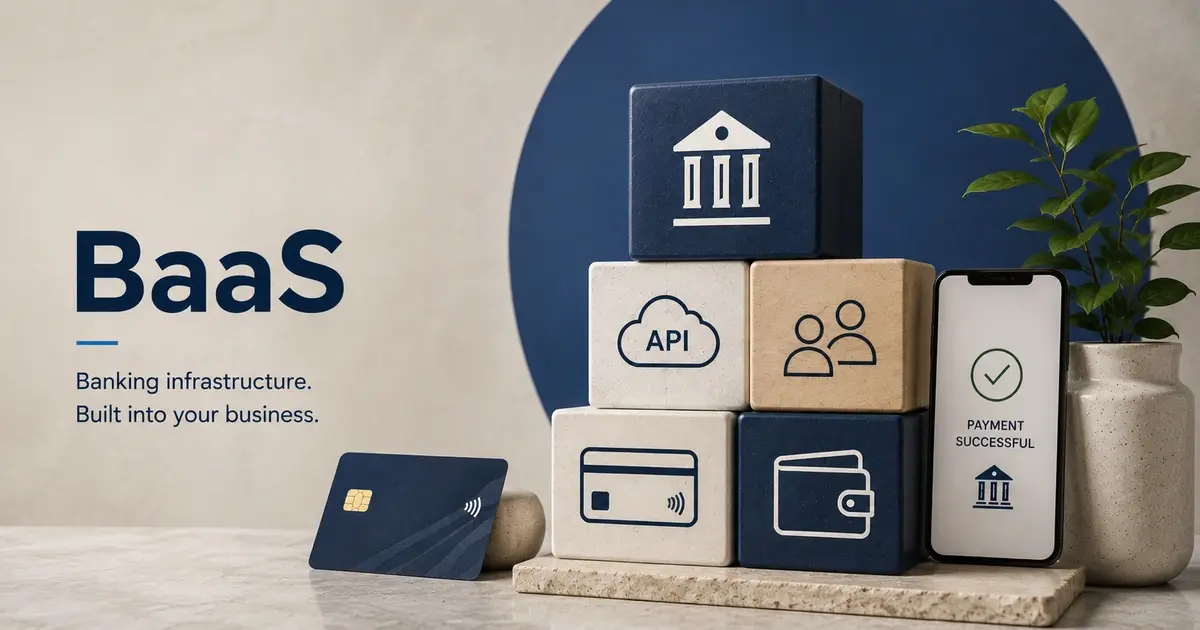 Modular blocks with banking, API, customer, card, and wallet icons arranged beside a payment app and card, representing Banking as a Service infrastructure and embedded finance. 