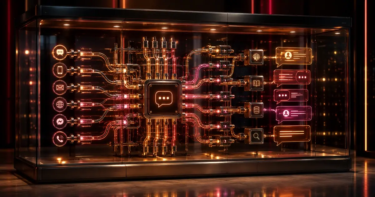 A glass-enclosed communication switchboard with amber, coral, and magenta conduits routing messages between digital channels, symbolizing enterprise chatbots and automated customer interactions. 
