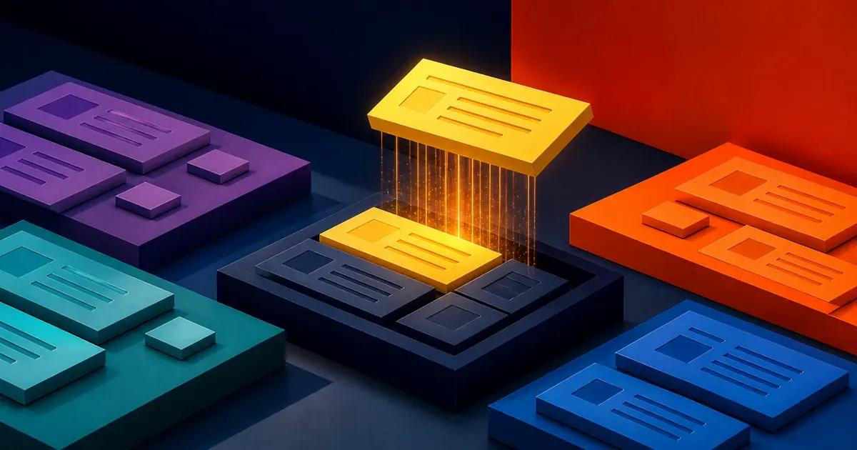 A high-contrast 3D illustration of multiple colored content platforms, with a central glowing gold tile being lifted upward by beams of light while surrounding tiles remain embedded, representing AI extracting and prioritizing a single citation-worthy content block from multiple sources.