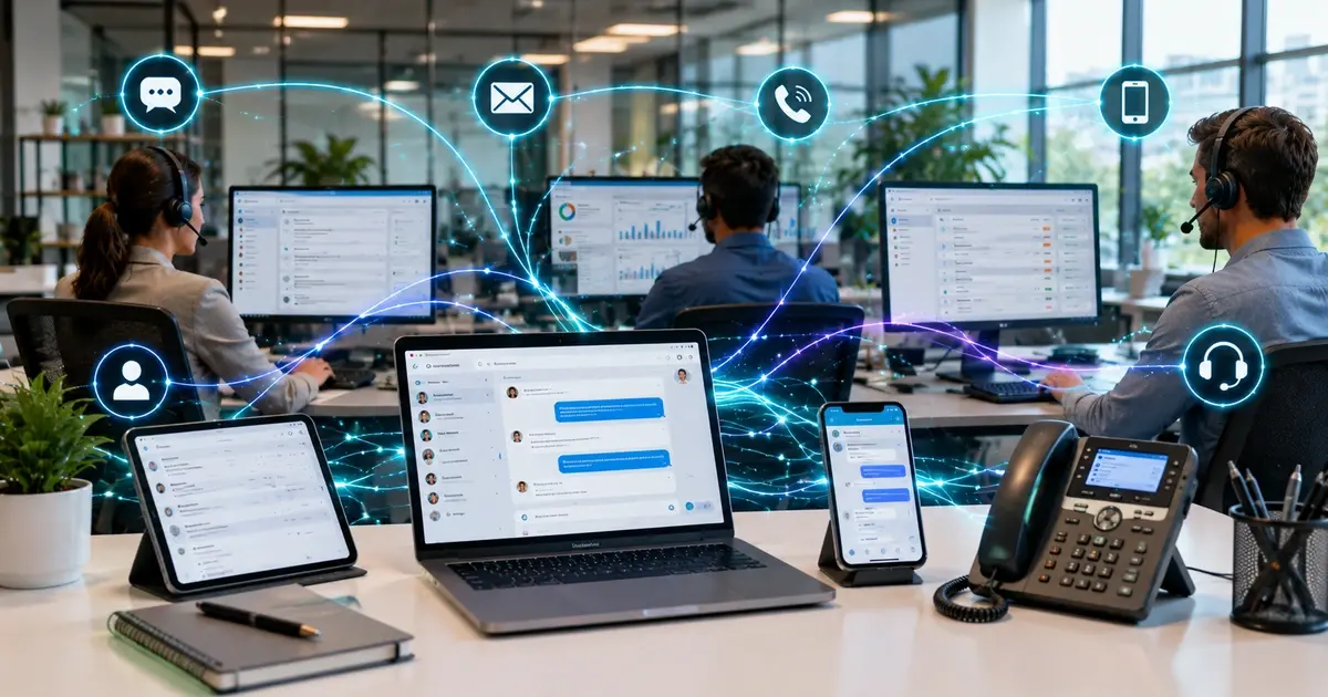 A modern enterprise workspace featuring laptops, smartphones, desktop monitors, and voice support devices connected through illuminated communication pathways, showing customer conversations, messaging channels, support systems, and digital interactions working together across a unified conversational AI environment.