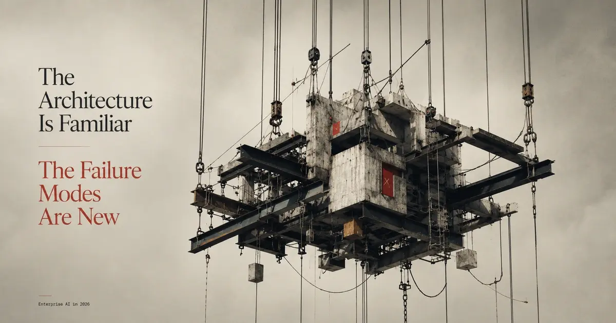 A conceptual editorial illustration of a suspended industrial structure made of steel beams, concrete slabs, cables, and pulleys floating against a muted architectural backdrop. Minimal typography frames the composition with the phrase “The Architecture Is Familiar / The Failure Modes Are New,” symbolizing the hidden operational strain and structural fragility inside enterprise AI systems running in production. 