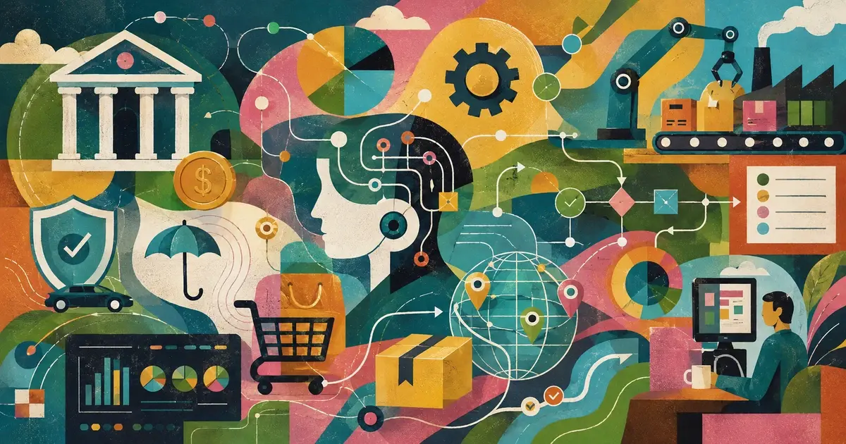 Editorial collage illustrating enterprise agentic AI use cases across banking, insurance, ecommerce, manufacturing, logistics, and analytics, with connected workflows, decision paths, data systems, and human oversight represented through colorful geometric symbols and layered visual elements. 