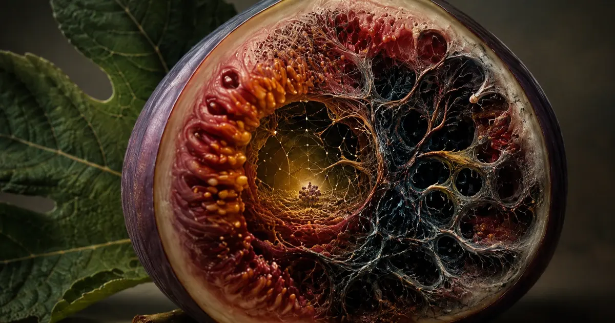 A surreal close-up of a sliced fig with one side richly textured and the other darkened by web-like contamination, symbolizing hidden cybersecurity risks inside AI systems, poisoned data sources, and compromised enterprise attack surfaces. 