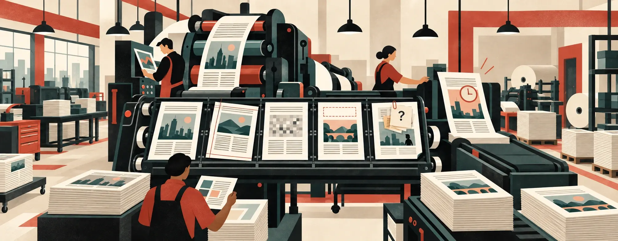 Editorial illustration of a printing press producing newspaper pages with visible errors, delays, missing context, and questionable markings, representing enterprise data failure modes at the point of decision. 