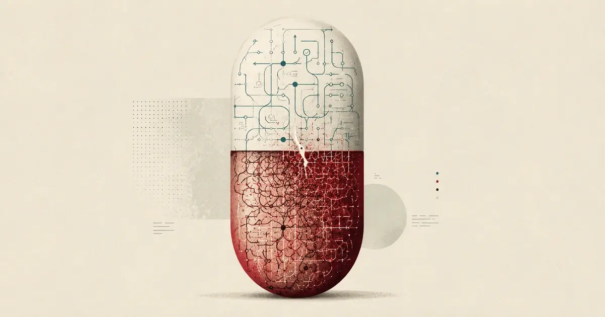 A minimalist editorial illustration of a large pharmaceutical capsule set against a textured off-white background. The capsule is split into structured and fragmented halves, symbolizing the traceability, accountability, and governance challenges behind GenAI-assisted clinical trial submissions. 