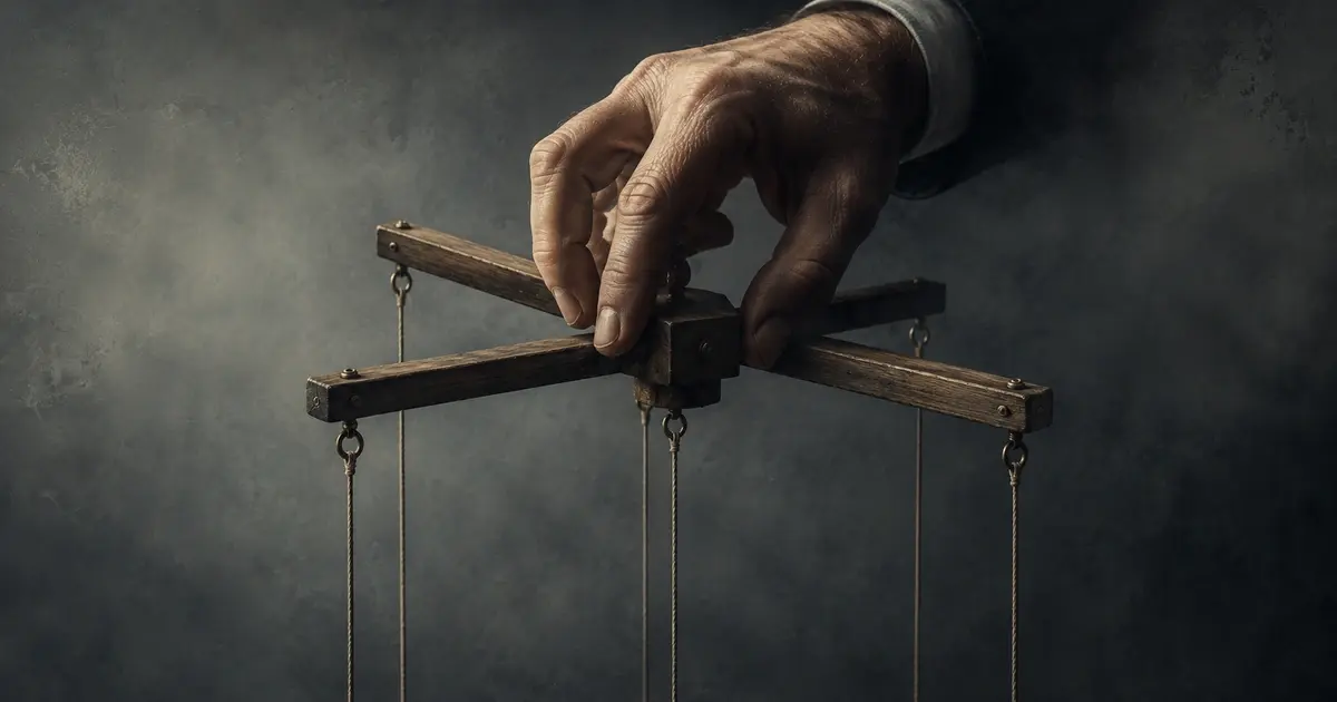 A textured editorial illustration of a human hand gripping a wooden marionette control bar with hanging strings against a dark, moody background, symbolizing autonomous AI governance, human oversight, delegated control, and enterprise accountability.    