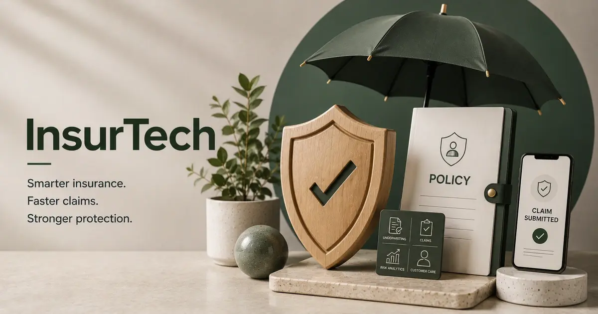 A minimalist InsurTech still life featuring a wooden shield beneath an umbrella, a digital policy folder, claims confirmation on a mobile device, and insurance icons, representing AI-powered underwriting, digital claims processing, risk assessment, and modern insurance technology. 