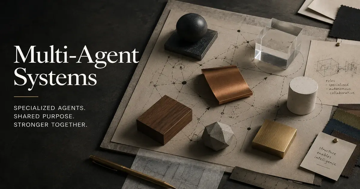 Conceptual hero image for multi-agent systems featuring an editorial-style design studio workspace with architectural sketches, material prototypes, and geometric forms representing specialized AI agents collaborating within a coordinated enterprise architecture. 