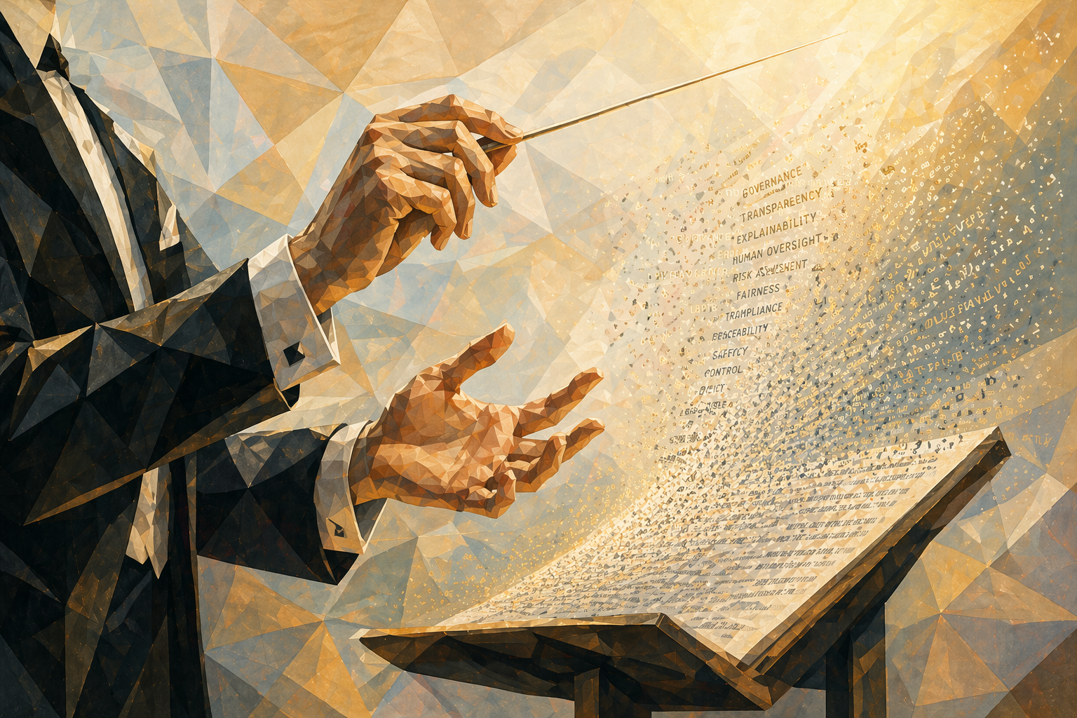 Abstract illustration of AI orchestration with flowing digital text, symbolizing prompt governance, risk control, compliance, and scalable enterprise AI.