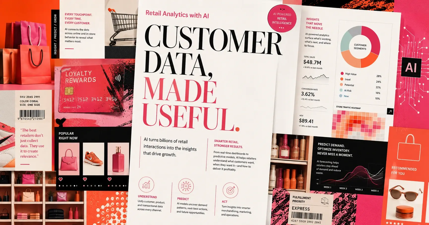 ditorial retail analytics collage with shopping bags, loyalty card graphics, product tiles, dashboards, charts, heatmaps, barcode labels, and AI motifs, centered around the headline “Customer Data, Made Useful.” 