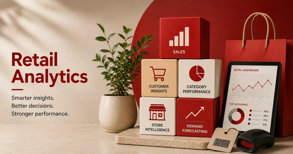A minimalist retail analytics still life with stacked blocks for sales, customer insights, category performance, and demand forecasting, alongside a tablet dashboard, shopping bag, barcode tag, and scanner. 
