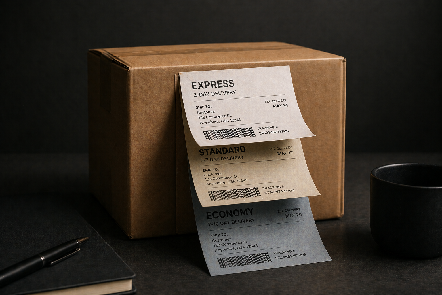 Package with multiple shipping labels express, standard, and economy illustrating dynamic, flexible, and scalable shipping for smarter Adobe Commerce checkout experiences.