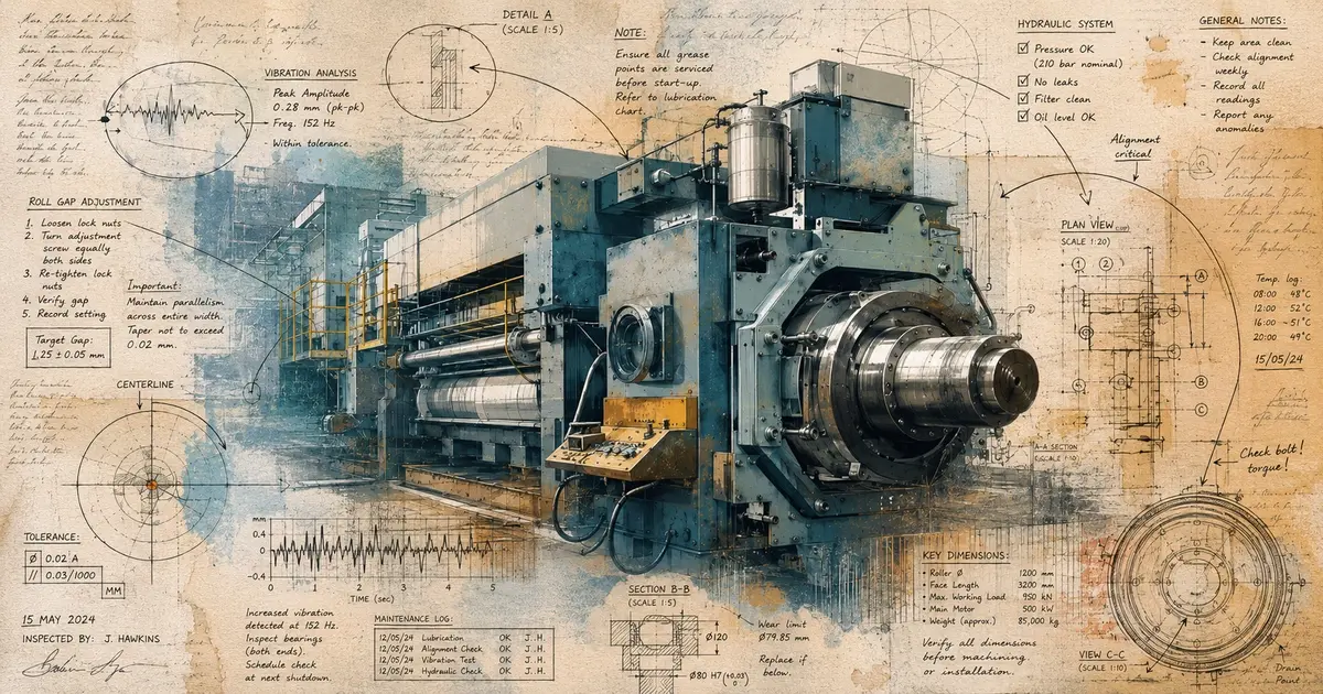 Textured magazine-style illustration of a large industrial machine layered with visible handwritten notes, maintenance annotations, diagrams, and technical sketches, symbolizing the operational knowledge and human judgment that manufacturers risk losing as experienced workers retire. 