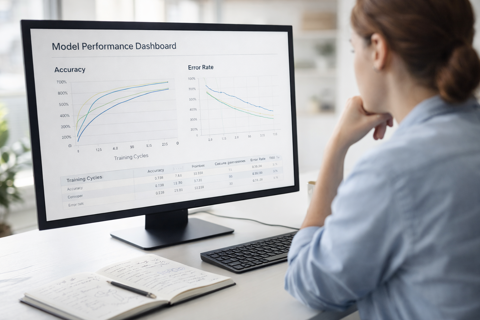 Self-learning systems dashboard showing improving accuracy and declining error rates as an AI model learns over training cycles