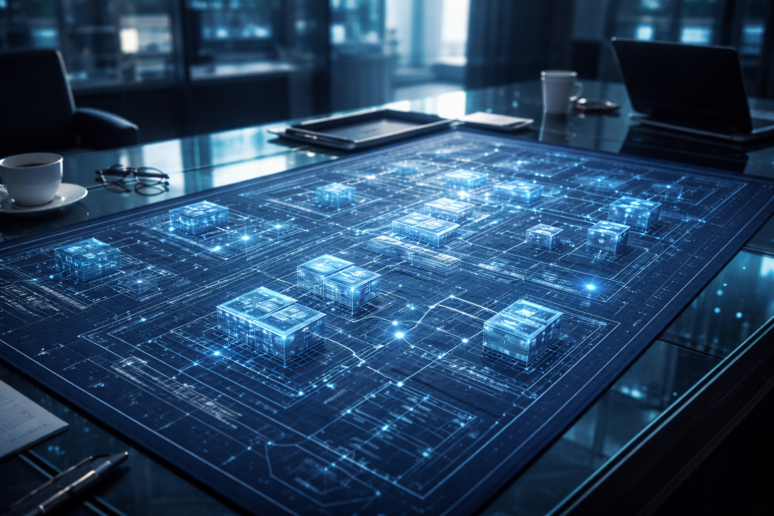 System-First AI Design blueprint showing integrated enterprise AI architecture with interconnected modules across a digital system table. 