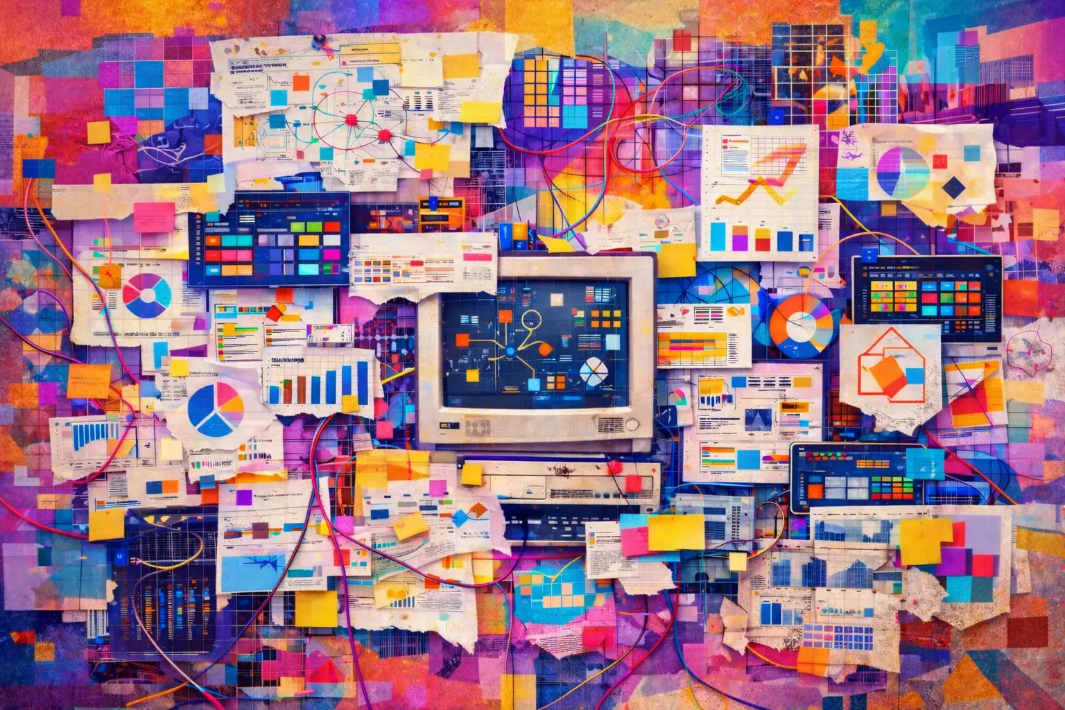 Colorful abstract collage of enterprise dashboards, charts, and connected data panels symbolizing AI-driven business transformation.