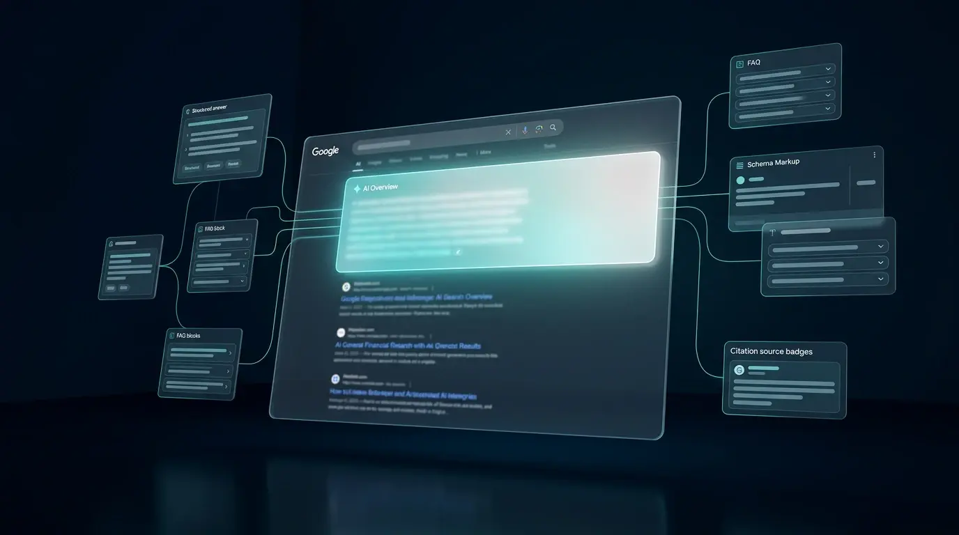 A 3D digital environment showing a glowing AI Overview panel at the top of a search results page, surrounded by floating B2B content elements including structured answer capsules, FAQ blocks, and citation nodes connected by teal knowledge graph lines — representing how AI Overviews are reshaping B2B content strategy.